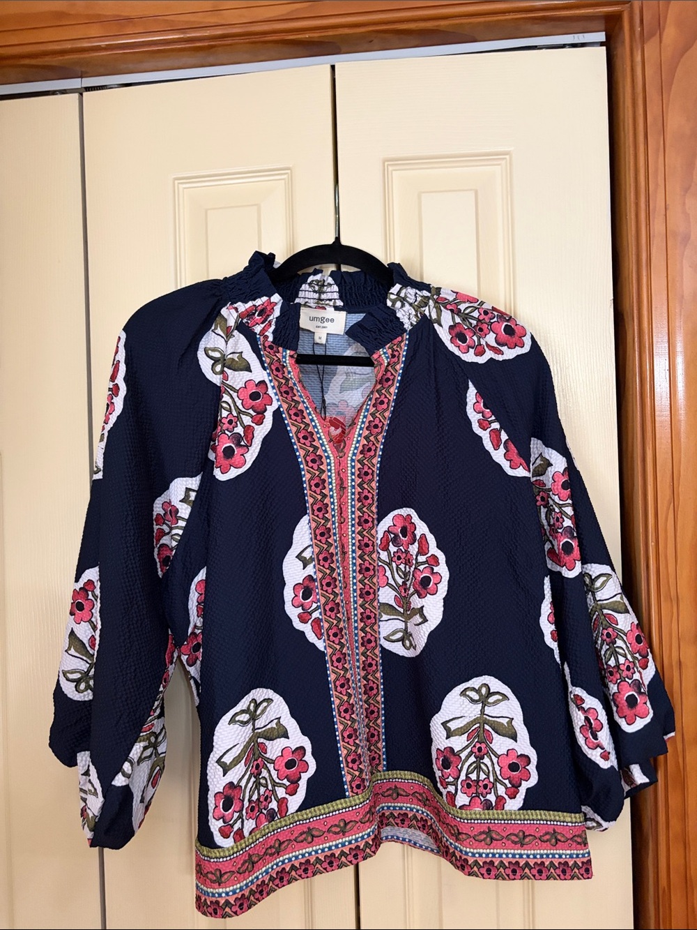 Umgee Navy Floral Embroidered-Trim Peasant Tunic
